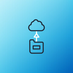 Poster - Line Cloud technology data transfer and storage icon isolated on blue background. Colorful outline concept. Vector
