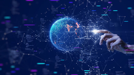 Leinwandbilder - Digital cyber era technology concept. Human hand touching interconnected polygons of massive amounts of data glowing on a dark blue background. New innovations that are coming to change the world.