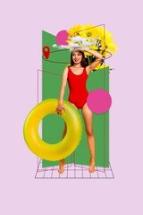 Wall Mural - Advertisement collage travel swimming pool party disco woman wear red swimsuit hold lifebuoy search tourists isolated on pink background