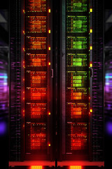 Leinwandbilder -  modern database server rack with rows of neatly organized servers, featuring a sleek design and blinking indicator lights. Generative AI technology.