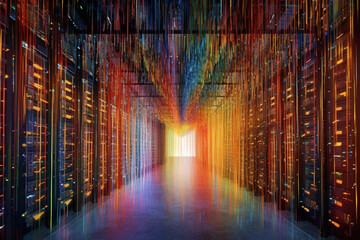 Poster -  database server depicted as a powerful and dynamic entity, surrounded by streams of data flowing through an interconnected network.  Generative AI technology.