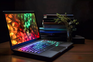 Poster - Close up of a laptop with colorful lights on the screen. Technology concept. Generative AI