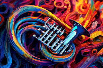 Aufkleber -  An by the sound waves produced by musical instruments, using vibrant colors and dynamic shapes to represent the fluidity and energy of music.  Generative AI technology.