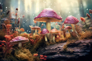 Poster -  A watercolor painting of a forest floor covered in an assortment of mushrooms, capturing the enchanting and whimsical atmosphere of the woodland.  Generative AI technology.