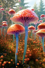 Poster -  A digital rendering of a mushroom garden, with mushrooms of various sizes and colors arranged in a visually pleasing pattern,  Generative AI technology.