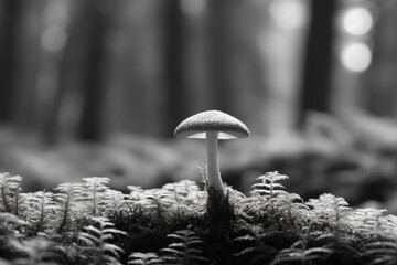 Poster -  A black and white photograph of a mushroom growing in a moss-covered forest, creating a sense of tranquility and harmony with nature.  Generative AI technology.