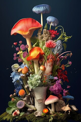 Poster - A collage artwork combining photographs of mushrooms with botanical illustrations, creating a visually stunning display of nature's diversity.  Generative AI technology.
