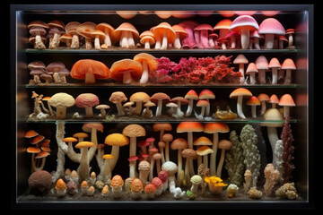 Poster -  A mixed media artwork incorporating real mushroom specimens into the composition, creating a tactile and dimensional visual experience.  Generative AI technology.