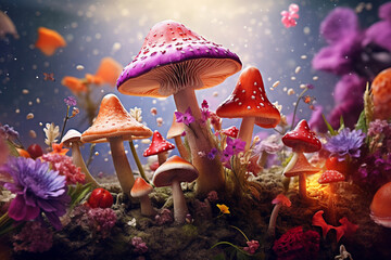 Poster -  A surreal digital artwork combining mushrooms with other elements of nature, such as flowers, leaves, and insects, creating a fantastical and whimsical scene.  Generative AI technology.