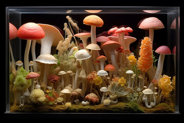 Poster -  A mixed media artwork incorporating real mushroom specimens into the composition, creating a tactile and dimensional visual experience.  Generative AI technology.