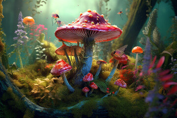 Poster -  A surreal digital artwork combining mushrooms with other elements of nature, such as flowers, leaves, and insects, creating a fantastical and whimsical scene.  Generative AI technology.