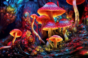 Poster -  A digital rendering of psychedelic mushrooms, with vibrant and surreal colors, representing their hallucinogenic properties and cultural significance.  Generative AI technology.