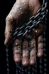 Fototapete -  A close-up photograph of a person's hand covered in chains, with drops of water dripping from the chains,  Generative AI technology.