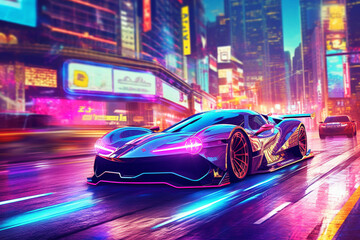 Poster -  A digital illustration of a racing car speeding through a futuristic cityscape, with neon lights and futuristic architecture,  Generative AI technology.