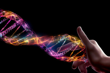 Poster -  A composite image combining a DNA strand and a human hand, merging science and touch to symbolize  Generative AI technology.