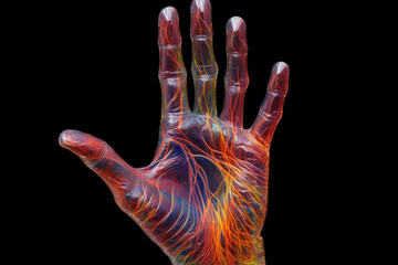 Poster - A digital artwork featuring a handprint filled with DNA strands, suggesting the unique genetic makeup of each individual and the significance of touch  Generative AI technology.