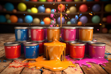 Poster - An artistic illustration of paint cans being poured onto a canvas, with the colors blending Generative AI technology.