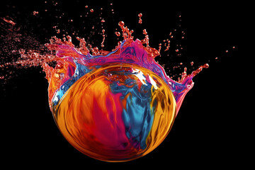 Poster -  A close-up photograph of a bursting water balloon filled with colored water, capturing the moment of impact Generative AI technology.