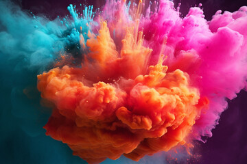 Fototapete -  A macro photograph of colored powder being thrown into the air, with the particles suspended and creating a cloud of vibrant colors, Generative AI technology.