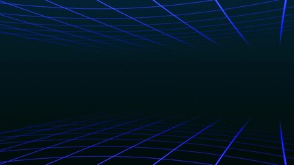 Poster - Abstract retro-synthwave grid loop animation background 3d render. Looping grid motion design with particles moving away from the screen. 3d render. 4k animation.