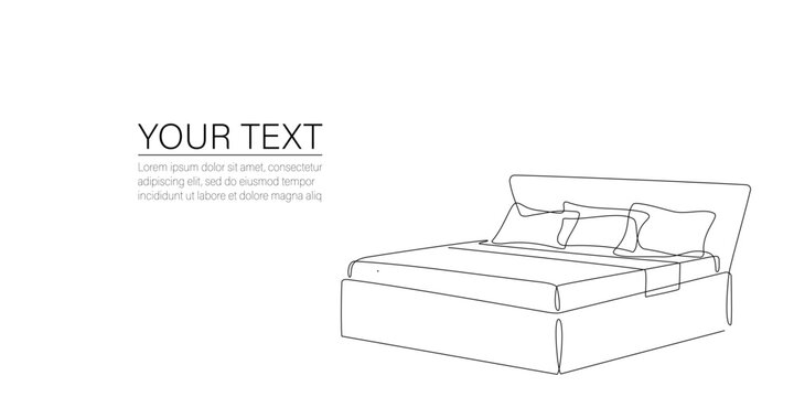Continuous line drawing of bed with place for text. One line drawing of interior of bedroom with furniture. Double bed for hotel, apartment, flat, apartments. Single line doodle vector illustration