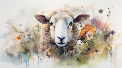 Wall Mural - a cartoonish representation of a sheep with a field of flowers in the backdrop Generative AI