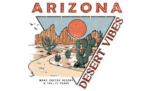 Desert Vibes Vintage Vector T Shirt Design. Arizona Cactus Artwork For Apparel, Sticker, Batch, Background, Poster And Others. Desert Road.