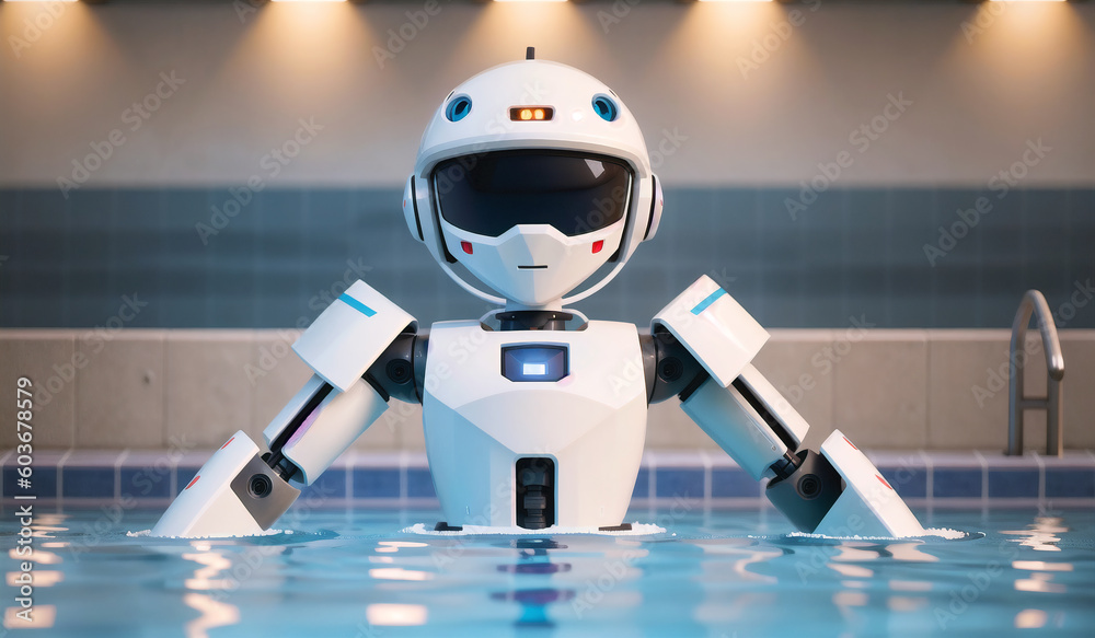 Mechanical waterproof robot in pool. Modern cybernetic machine with artificial intelligence swimming in swimming pool. Generative AI.