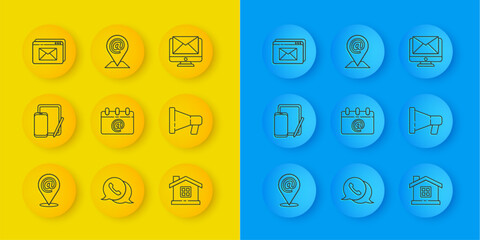 Poster - Set line Location and mail and e-mail, Phone graphic tablet, Calendar with email, House, Megaphone, Website envelope, Monitor and icon. Vector
