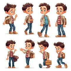 Young boy, children character, multiple poses and expressions, collection, children's book illustration style, about 7 years old boy, isolated whited background, generative AI