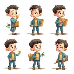 Young boy, children character, multiple poses and expressions, collection, children's book illustration style, about 7 years old boy, isolated whited background, generative AI