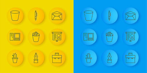 Poster - Set line Cactus and succulent in pot, Computer monitor, Full trash can, Briefcase, Chalkboard with diagram, Trash, Envelope and Pen icon. Vector