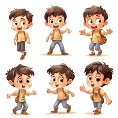 Young boy, children character, multiple poses and expressions, collection, children's book illustration style, about 7 years old boy, isolated whited background, generative AI