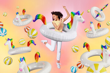 Sticker - Creative pop surrealism template collage of funky funny lady in unicorn buoy dancing on summer vibe pool party