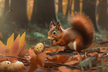 Wall Mural - Image of a red squirrel eating walnuts in the forest. Wildlife Animals. Illustration. Generative AI.