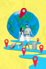 Poster - Vertical collage of two black white colors mini people hold hands suitcase walk destination mark route big planet earth globe yellow paper background