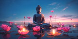 buddha sit in pink red exotic flowers garden ,candles light blurred background,generated ai