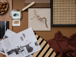 Poster - Stylish flat lay composition in brown, gray and beige color palette with textile and paint samples, lamella panels and tiles. Architect and interior designer moodboard. Top view. Copy space.