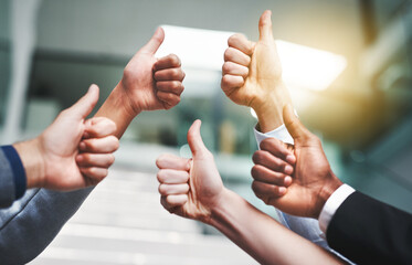 Poster - Thumbs up, agreement and hands with like of business people in office for success, yes and teamwork. Emoji, support and community with group of employees for goals, thank you and motivation
