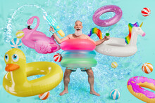 Creative Artwork Poster Banner Collage Of Summer Recreation Vibe Concept With Funky Grandfather Play Swim On Pool Water