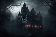 A dark and stormy night, An old dilapidated eerie castle stands in the middle of the forest. generative AI