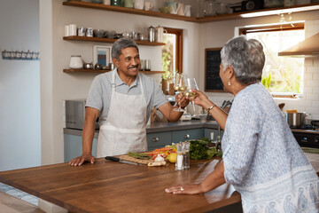 Poster - Portrait of old woman in kitchen with man, tablet and cooking healthy food together in home. Digital recipe, smile and senior couple in house with meal prep, happiness and wellness diet in retirement