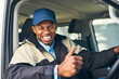 © Camerene P/peopleimages.com - Delivery van, courier and portrait of man with thumbs up for distribution, shipping logistics and transport. Ecommerce, yes gesture and happy African male driver to deliver package, order and parcel