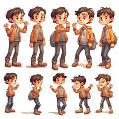 Teen boy character, multiple poses and expressions, collection, children's book illustration style, about 15 years old boy, men, isolated whited background, generative AI