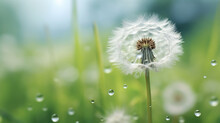 Soft Focus Shot Of Water Drop Standing On White Dandelion With Shallow Depth Of Field And Blurred Frame Creating A Soft Landscape Atmosphere. Macro Shot