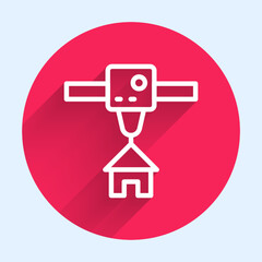 Poster - White line 3D printer house icon isolated with long shadow. 3d printing. Red circle button. Vector