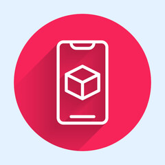 Poster - White line 3D printer software icon isolated with long shadow. 3d printing. Red circle button. Vector