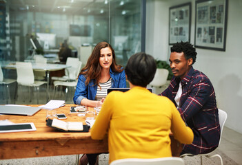 Aufkleber - Business people, meeting and collaboration in planning for idea, strategy or brainstorming at office. Group of creative workers in teamwork for project plan, discussion or working together in startup