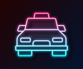 Poster - glowing neon line taxi car icon isolated on black background. vector