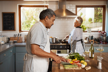 Poster - Cooking, vegetables and old man with woman in kitchen, happiness and healthy bonding time in home. Marriage, love and food, senior couple with meal prep for vegetable dinner with retirement wellness.